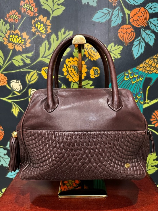 Vintage 1980s Bally Brown Lambskin Quilted Tassel Satchel Top Handle w/ D-Rings - Picture 3 of 14